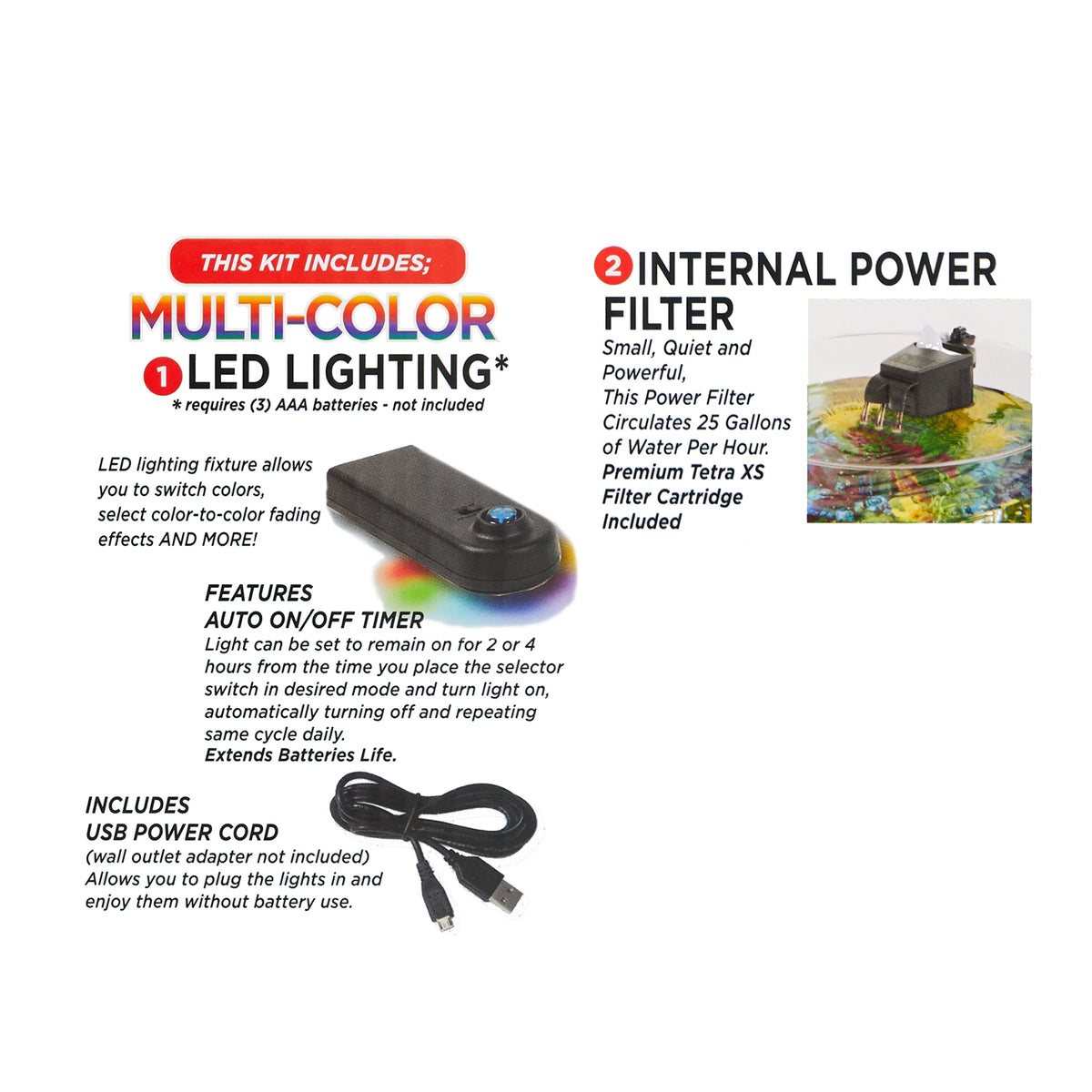 Aquarium Power Filter with LED Aqua Light and Plastic 3-Gallon Culture