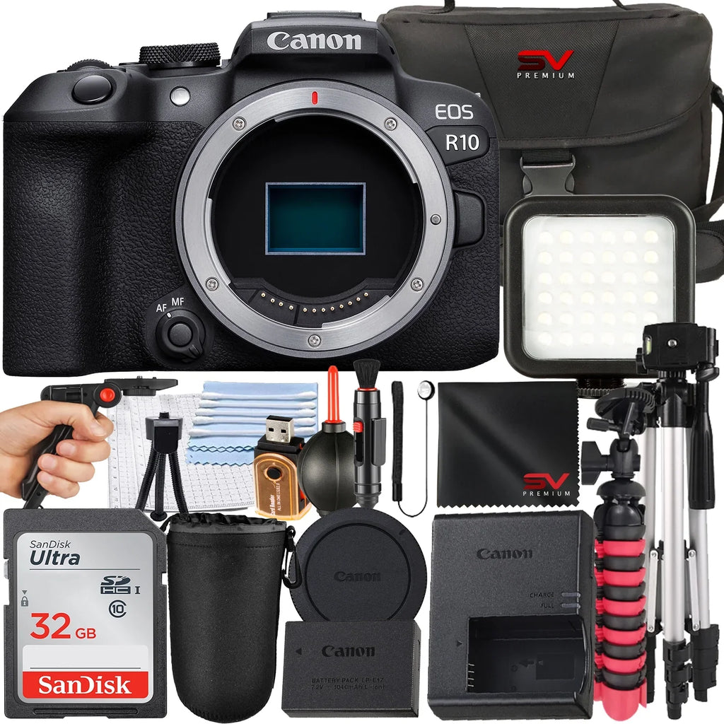 Memory + (Body R10 Only) Premium 32GB + SanDisk with SV Tripod Canon Bundle Mirrorless Accessory + EOS Camera Card Case
