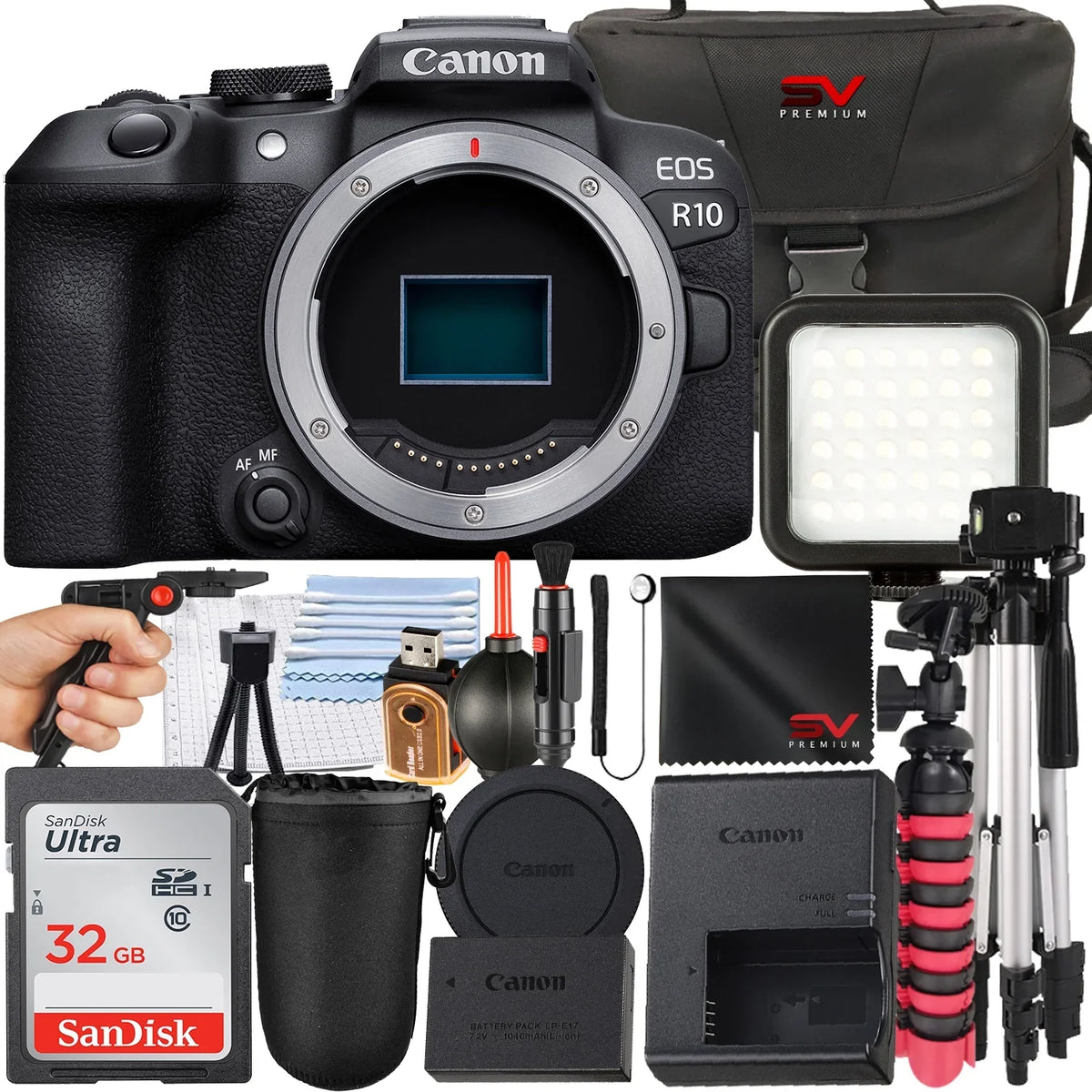 Memory + (Body R10 Only) Premium 32GB + SanDisk with SV Tripod Canon Bundle Mirrorless Accessory + EOS Camera Card Case