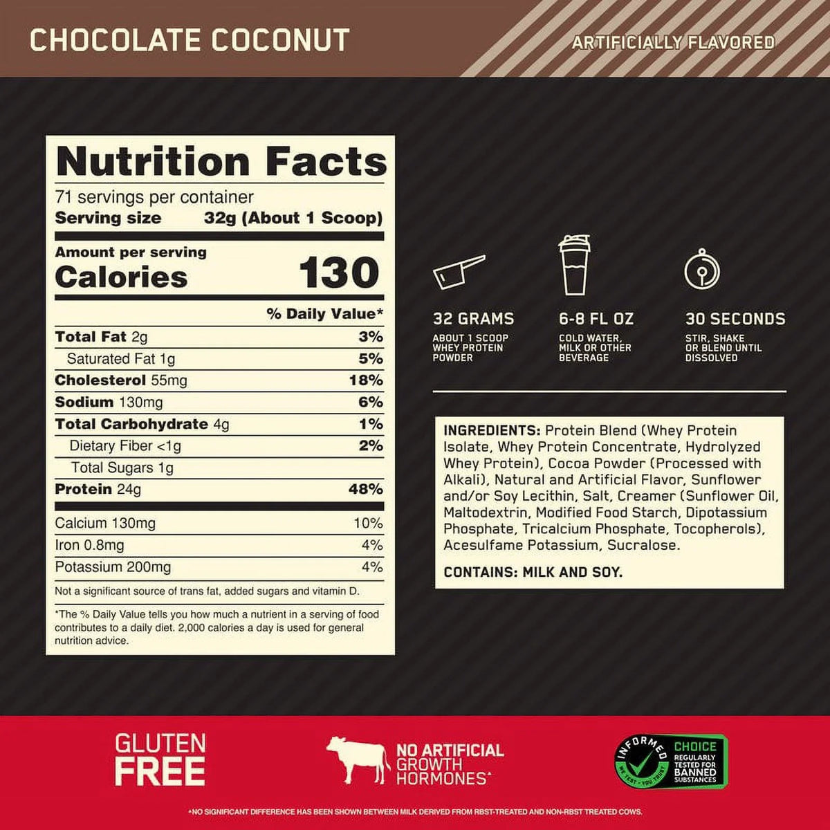 lb, Protein Chocolate Standard Coconut, Whey Powder, Nutrition, Gold Servings 100% 5 Optimum 71