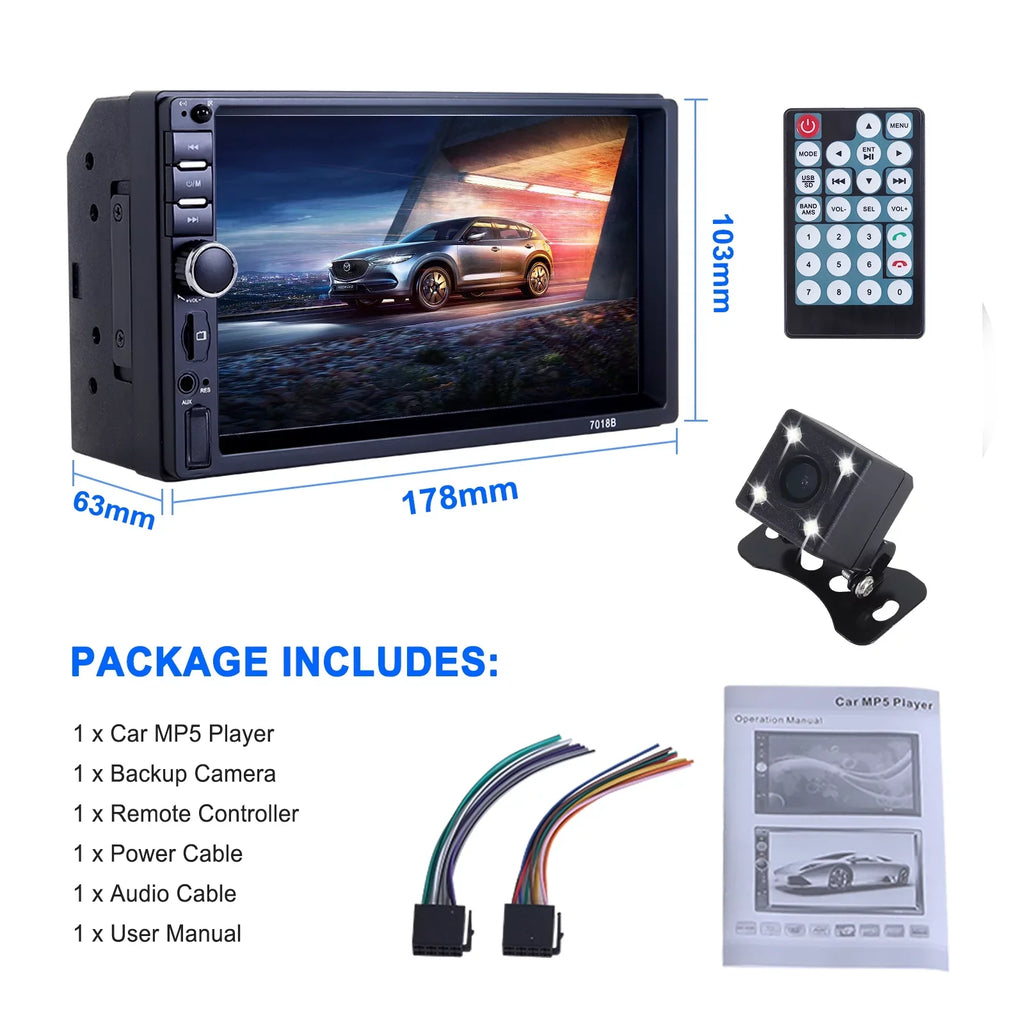 Din 2 Reversing MP5 HD Bluetooth Car Player Touch Double Camera with Player, Backup Inch Car Stereo 1080P Radio 7 Screen Video
