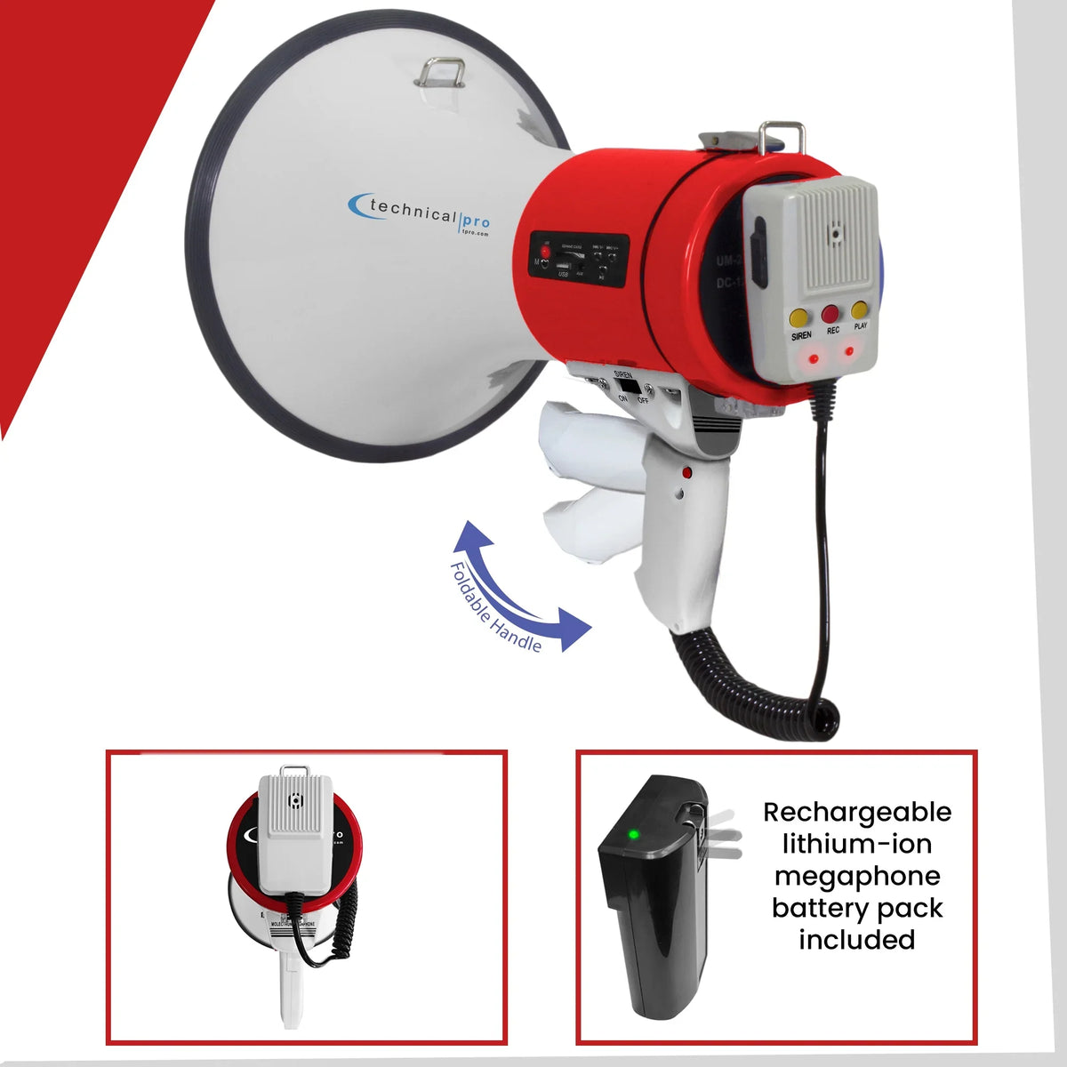 Leaders Battery, for Megaphone Good Bullhorn Speaker AC Microphone Detachable Coaches, w/ Charger, Built-In Rechargeable 75-Watt Technical a Soccer, Pro w/ Red Wall Trainers, Portable Cheer