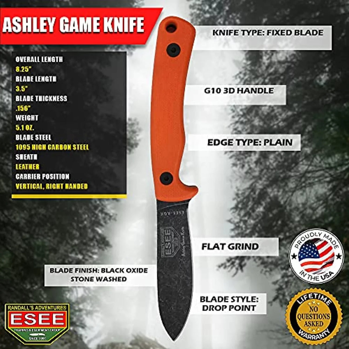 Ashley Black ESEE Blade Steel AGK-OR Carbon Orange 1095 Game & Knife Fixed Knives G10