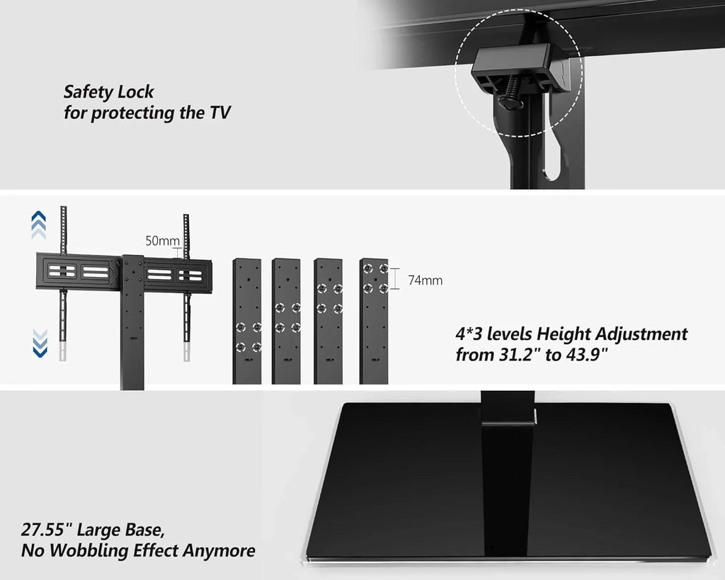 100 up Mount Degree Tabletop 50 with HBBOOMLIFE for 143 Holds Tempered TV Stand/Base Flat 4 lb to to TV Swivel Glass inch Level Height Swivel Screen 85 Base Universal TV Adjustable Stand