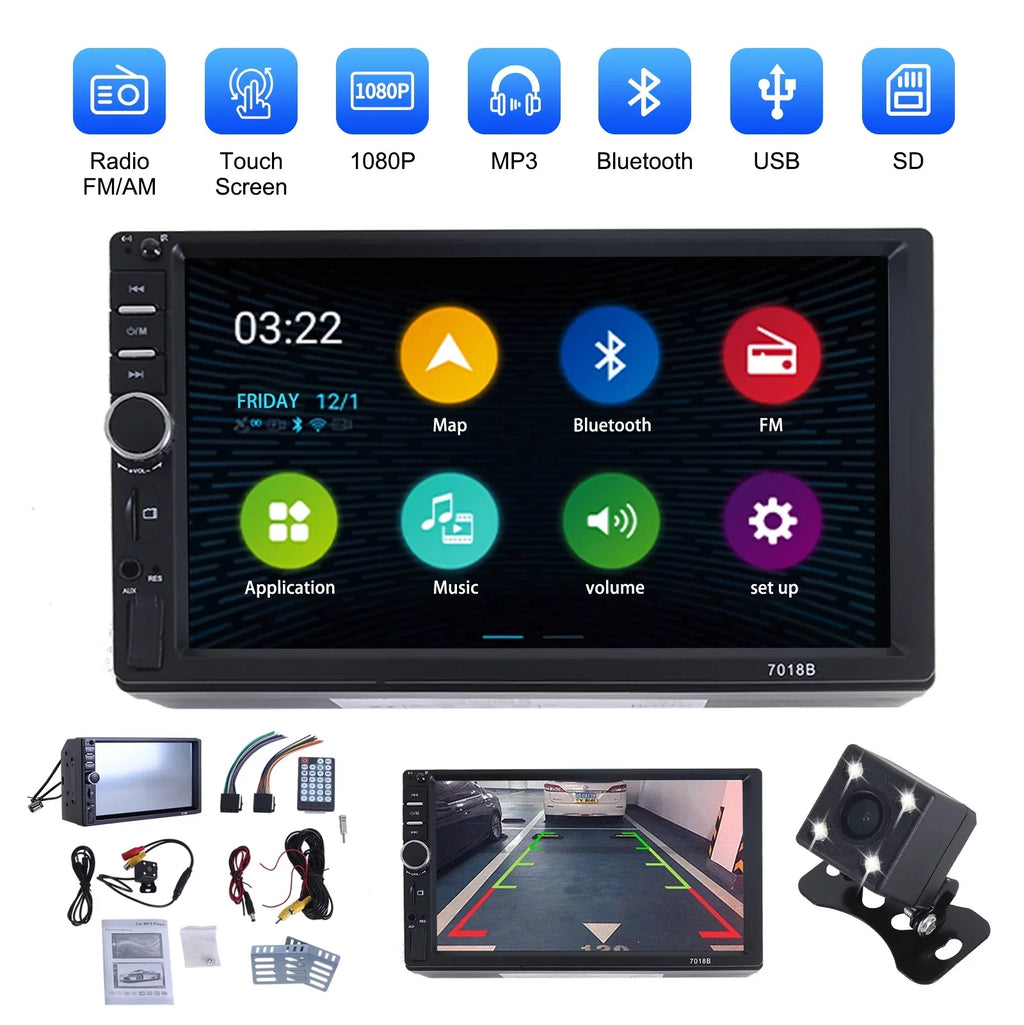Din 2 Reversing MP5 HD Bluetooth Car Player Touch Double Camera with Player, Backup Inch Car Stereo 1080P Radio 7 Screen Video