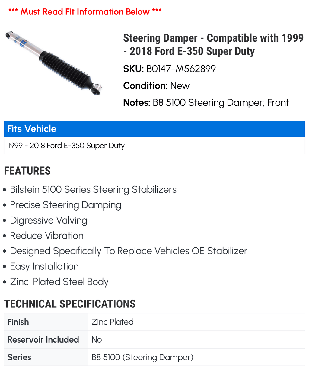 2017 2005 2002 2018 2006 E-350 - Compatible 2003 2016 Ford 2004 Steering 2013 2000 2015 2010 2014 Duty 2008 2007 Super 2009 with 2001 2012 1999 - 2011 Damper