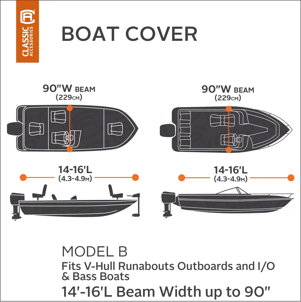 Polyester Fade-Resistant x Cover Stellex™ Seasons with B Fits Model - W, All 90" Fabric, 14' Classic Boats Cover, Boat Boat Accessories 16' Trailerable L