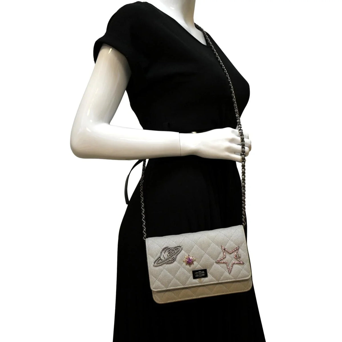 WOC Bag Reissue Crossbody Space Light Canvas Grey Pre-Owned CHANEL Quilted Charm 2.55 Classic