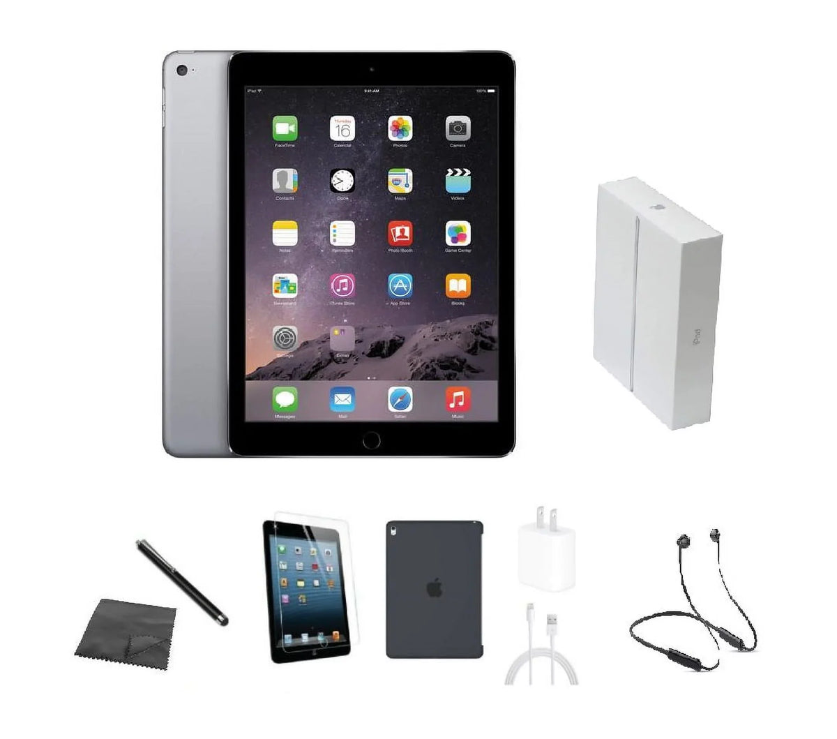 Stylus, A1566 iPad Box, Headset, Bundle Restored Glass, 16GB w/ Gray (WiFi) Bluetooth Charger Apple Case, Tempered Space (Refurbished) 2 Air