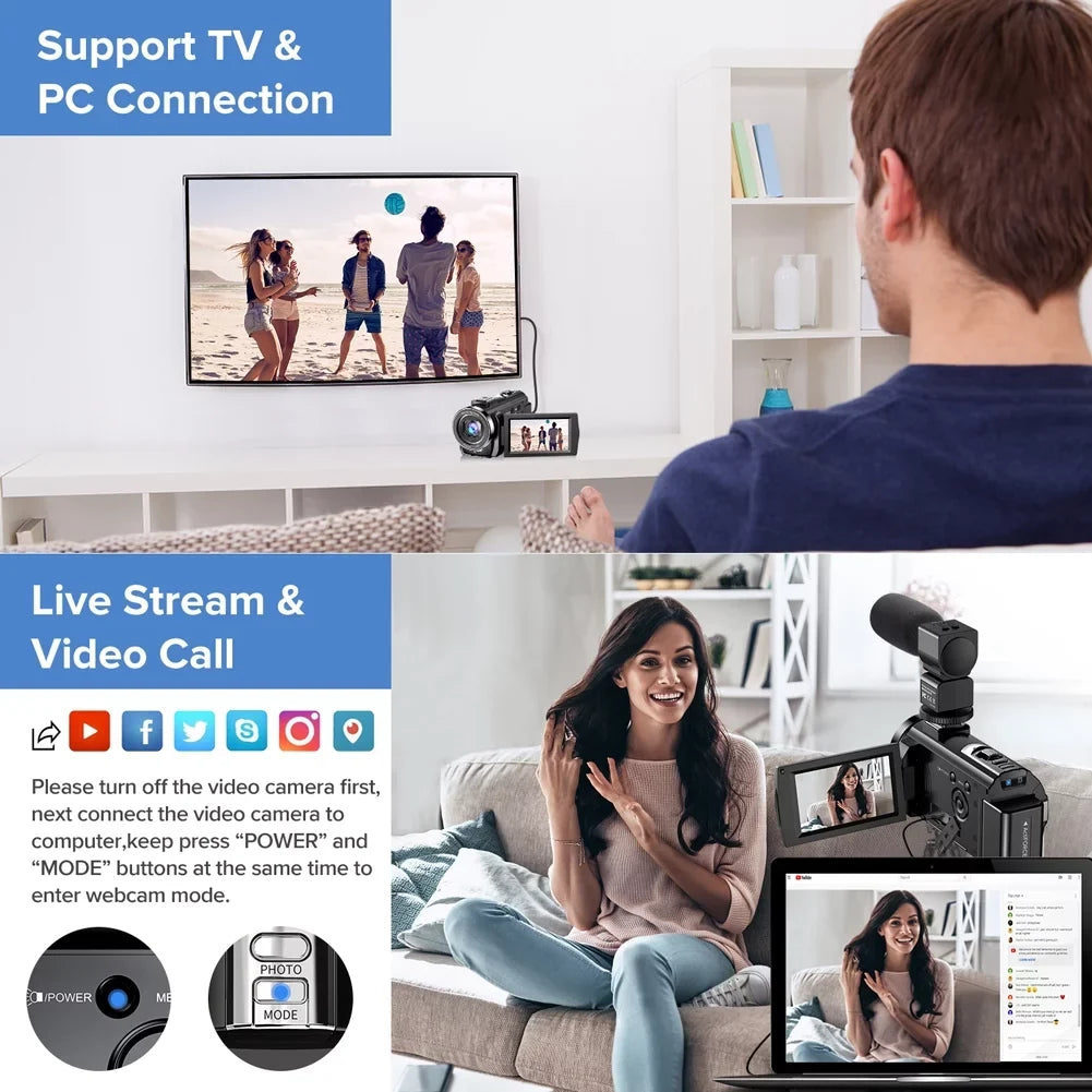 Camcorder 3" Camera 24MP 16X FHD Zoom Recorder with Rotatable Camera 30FPS Digital Digital Camera 1080P YouTube Vlogging 270 Screen Batteries Video Degrees Control,2 LCD Microphone,Remote