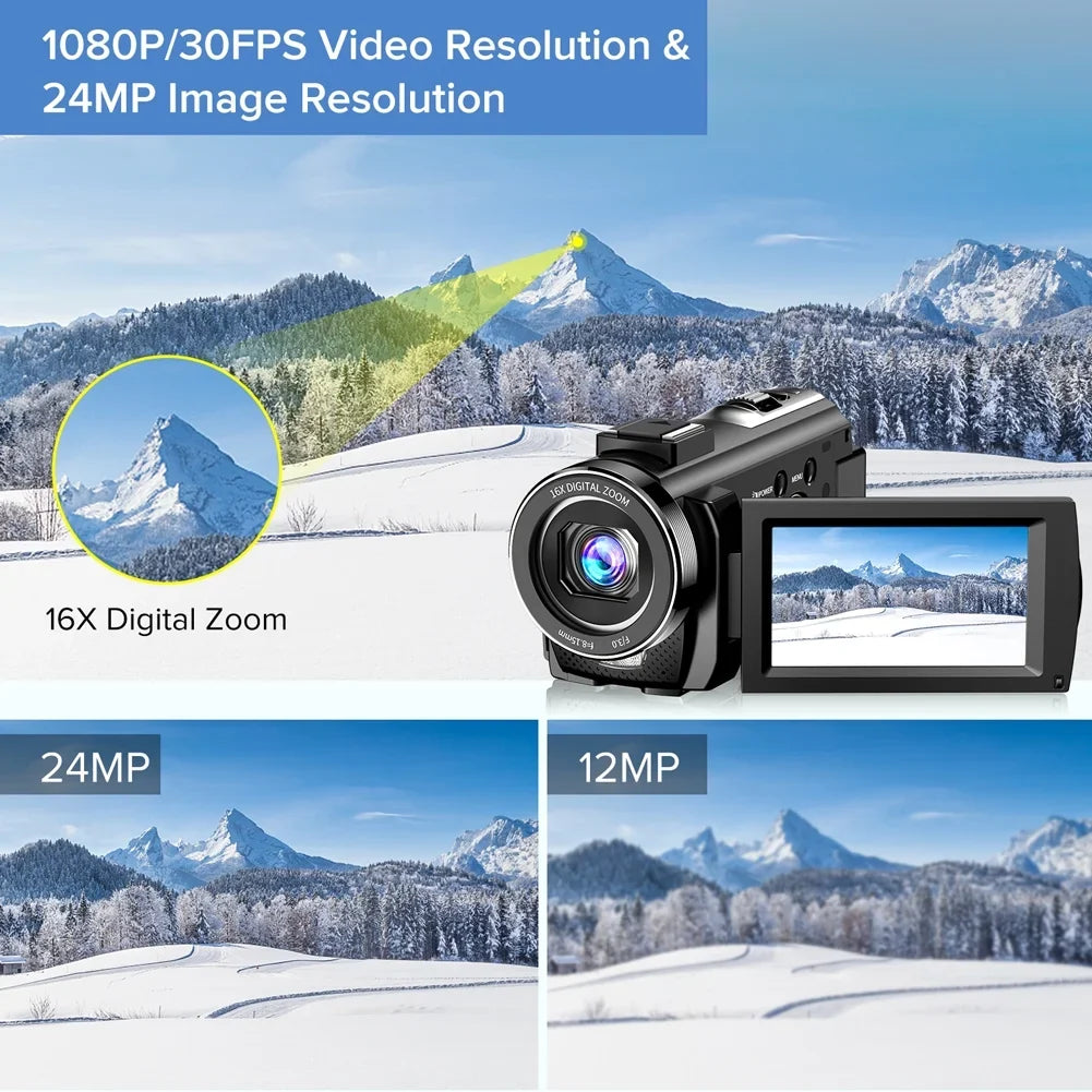 Camcorder 3" Camera 24MP 16X FHD Zoom Recorder with Rotatable Camera 30FPS Digital Digital Camera 1080P YouTube Vlogging 270 Screen Batteries Video Degrees Control,2 LCD Microphone,Remote