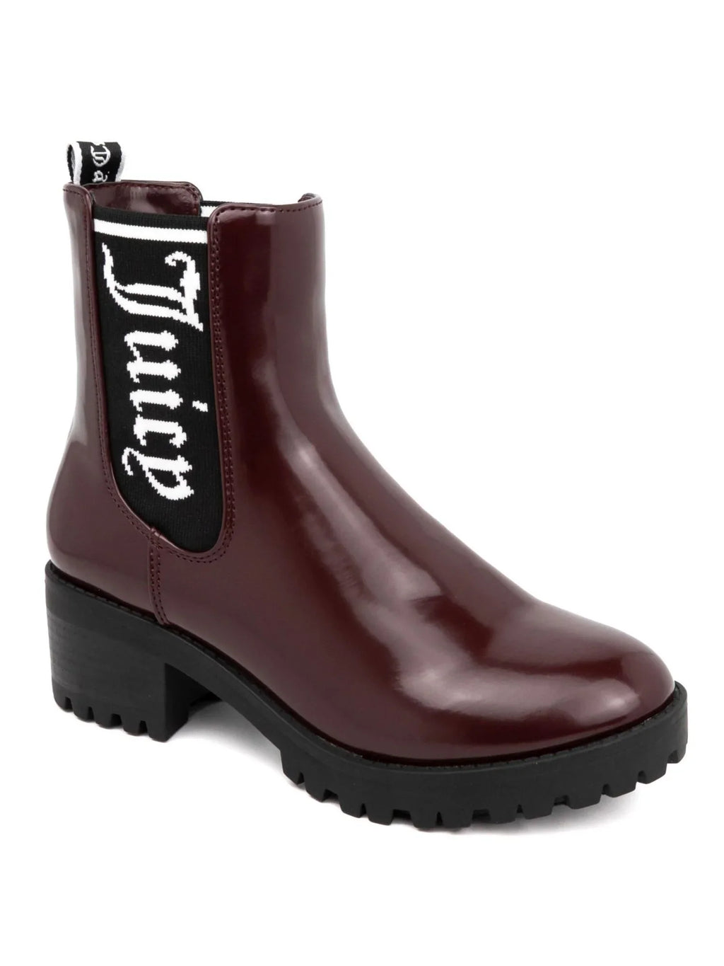 COUTURE 7.5 M Toe Heel Womens Round One-up Burgundy Goring Booties Logo JUICY Block Comfort
