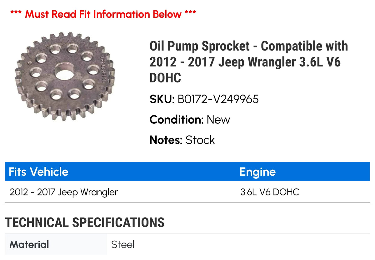 2012 Wrangler 2014 Oil - Pump 2016 2013 with Compatible - 3.6L 2017 V6 Jeep DOHC Sprocket 2015