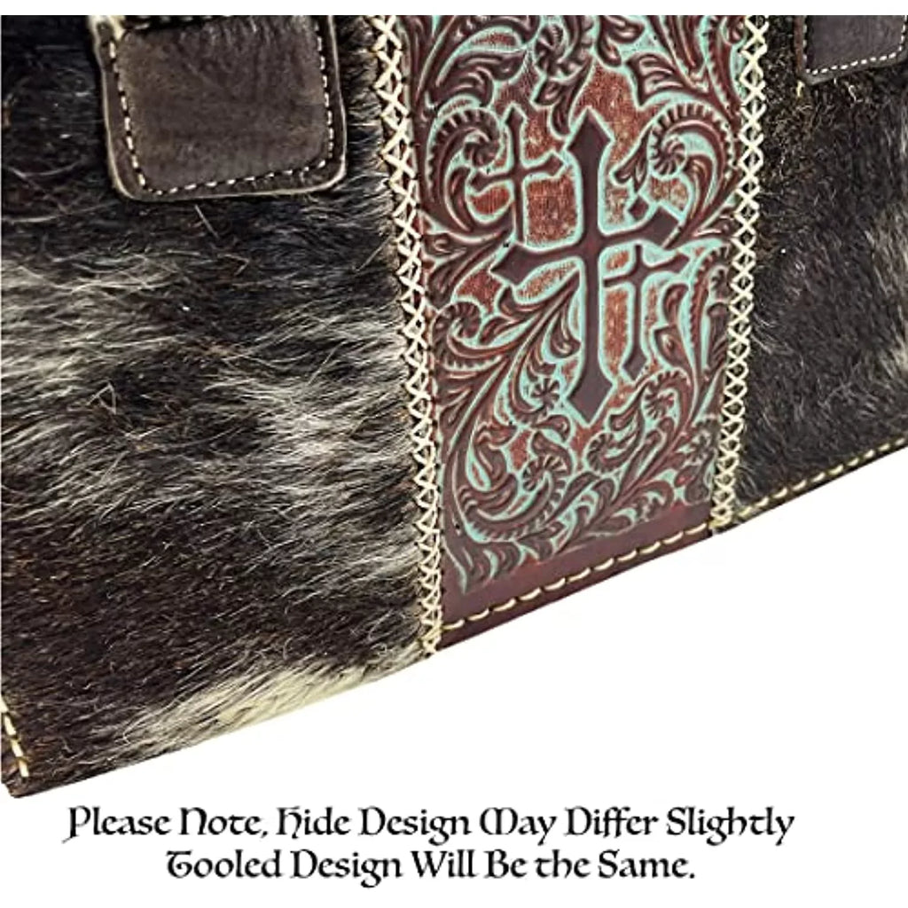 In Zipper Purses Brown) Western Tote Crosses Handbag the Western Genuine Leather Hand Dark Shoulder Urbalabs with Women Over CowHair (Dark Stitched Purse Brown Bag for Tooled