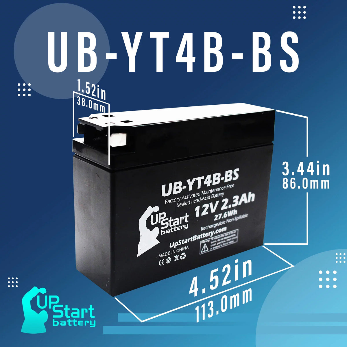 SR400 2005 UpStart 400CC - Activated, Replacement Maintenance for Factory UB-YT4B-BS 2.3Ah, Battery Yamaha 5-Pack Free, Battery 12V, Motorcycle