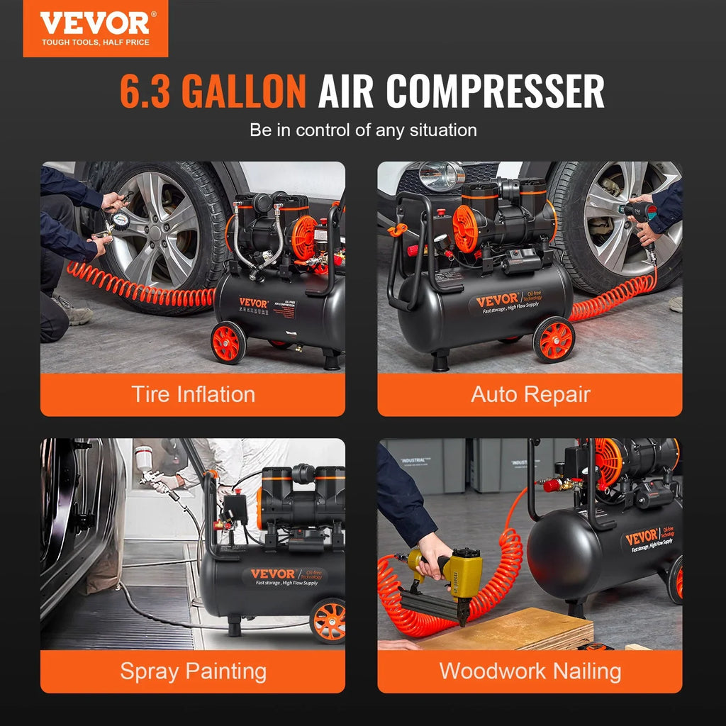 Ultra 90PSI, CFM Quiet 6.3 VEVOR Oil-Free, 1450W, dB @ 70 Compressor, Air Gallon, 3.35