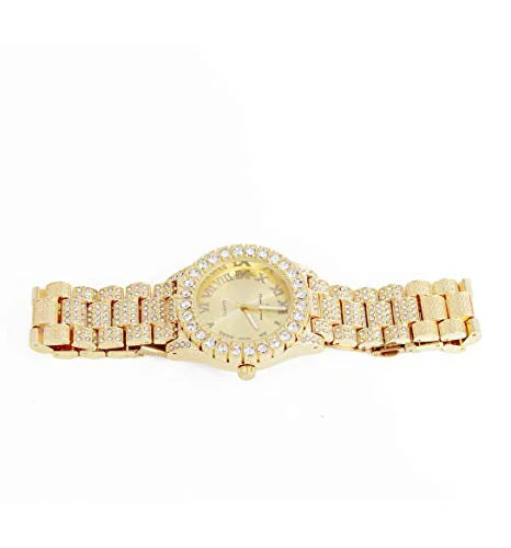 Fully Big Roman ST10327LA (Gold-Gold) Women's Dial Raymond Wristwatch Hop Blinged Out Out Charles - Hip with Rocks Iced Numerals