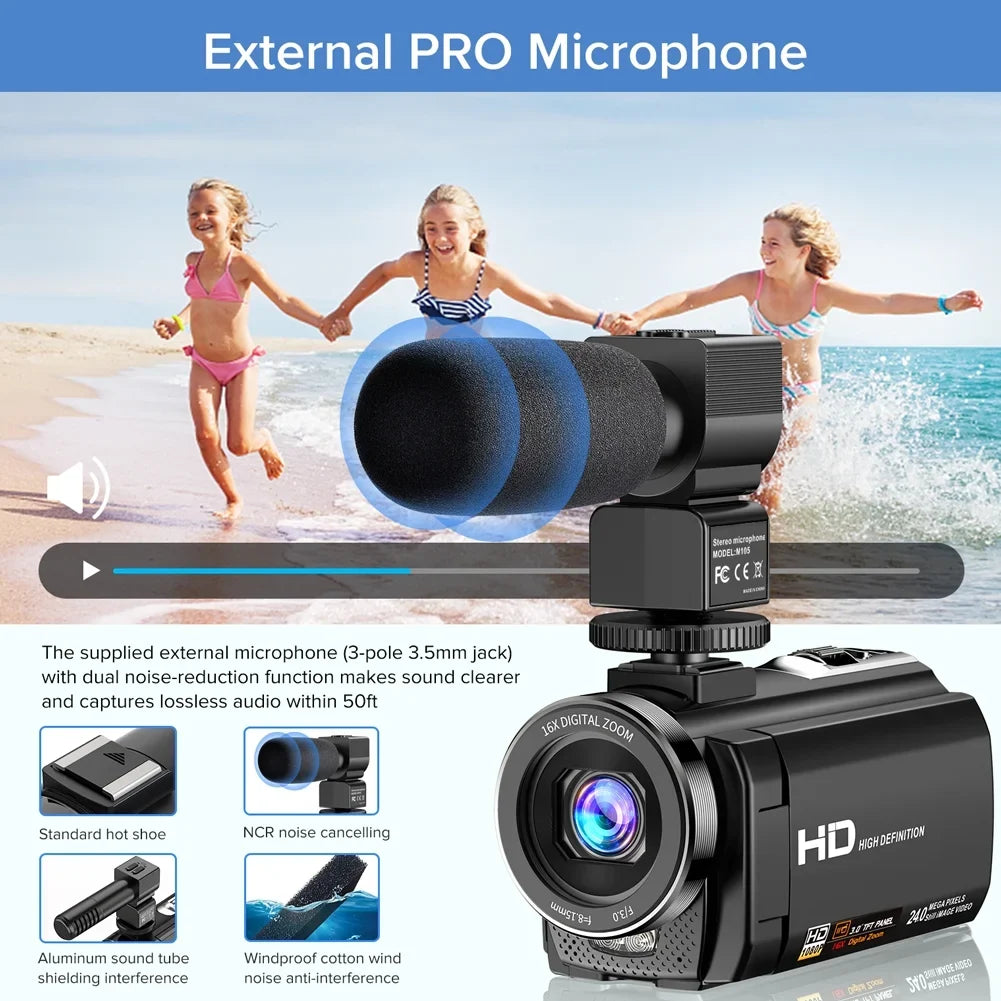 Camcorder 3" Camera 24MP 16X FHD Zoom Recorder with Rotatable Camera 30FPS Digital Digital Camera 1080P YouTube Vlogging 270 Screen Batteries Video Degrees Control,2 LCD Microphone,Remote