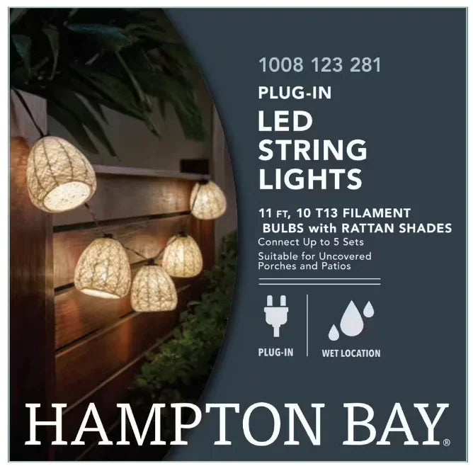Fiber Hampton (10-Heads) Natural String LED Bulb 11 Mini ft. Bay Outdoor/Indoor Plug-In Light