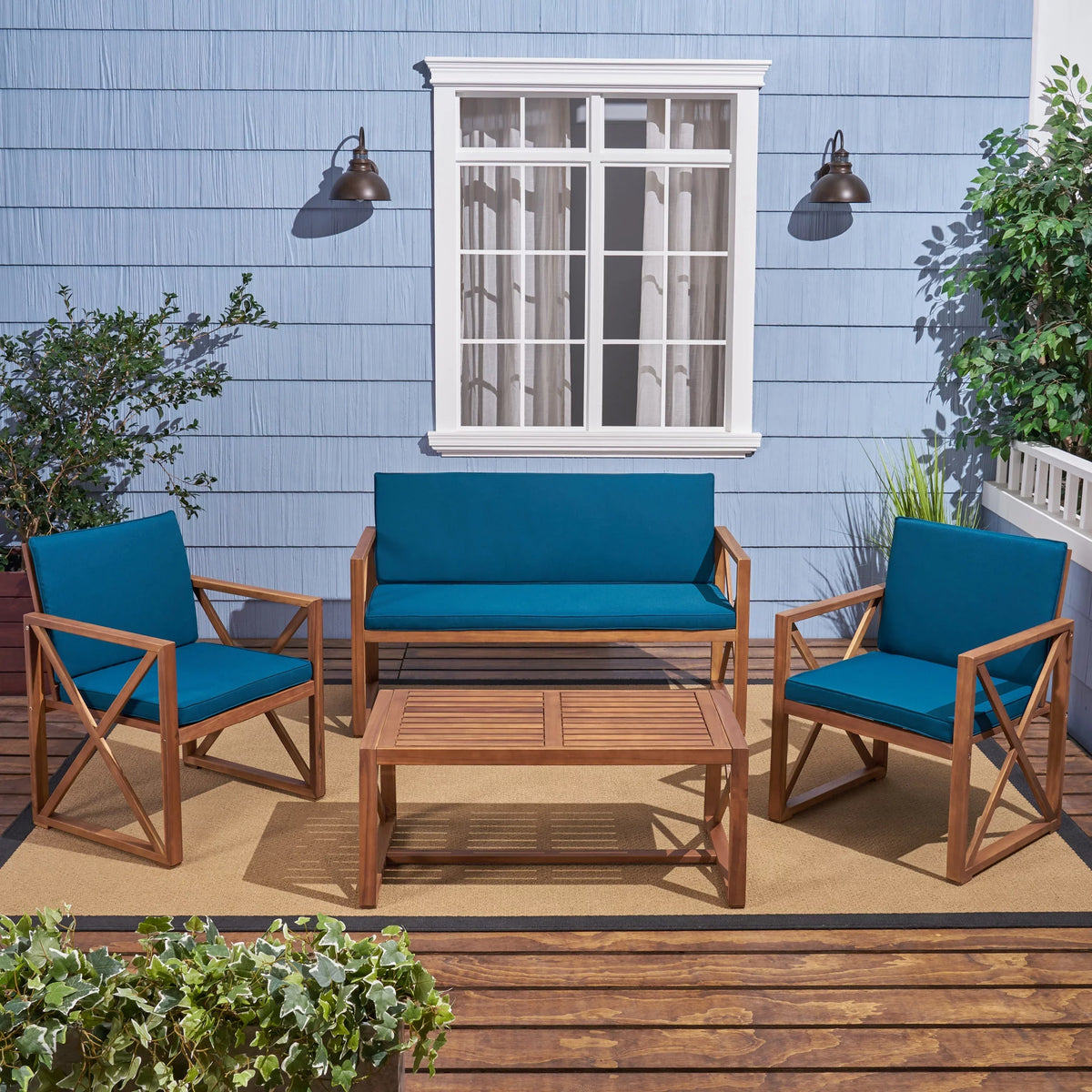 Dark GDF Wood 4 Acacia and Chat Set Cushions, Teal Studio Outdoor with Brown Seater Arcadia