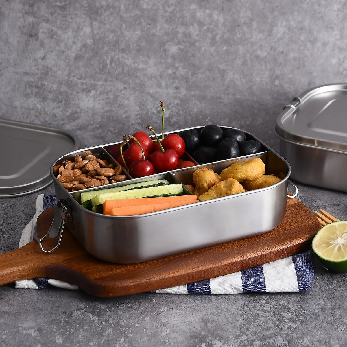 Bento Container Lunch Leak Proof 5-Compartment UPTRUST Bento Steel Food Lockable Clips Adults Box to for Stainless or Lunch 1400ML Large Kids Container, Metal Box with