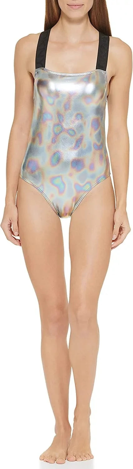 Gray Piece Swimsuit One Size DKNY X-Large Crisscross Women's Metallic