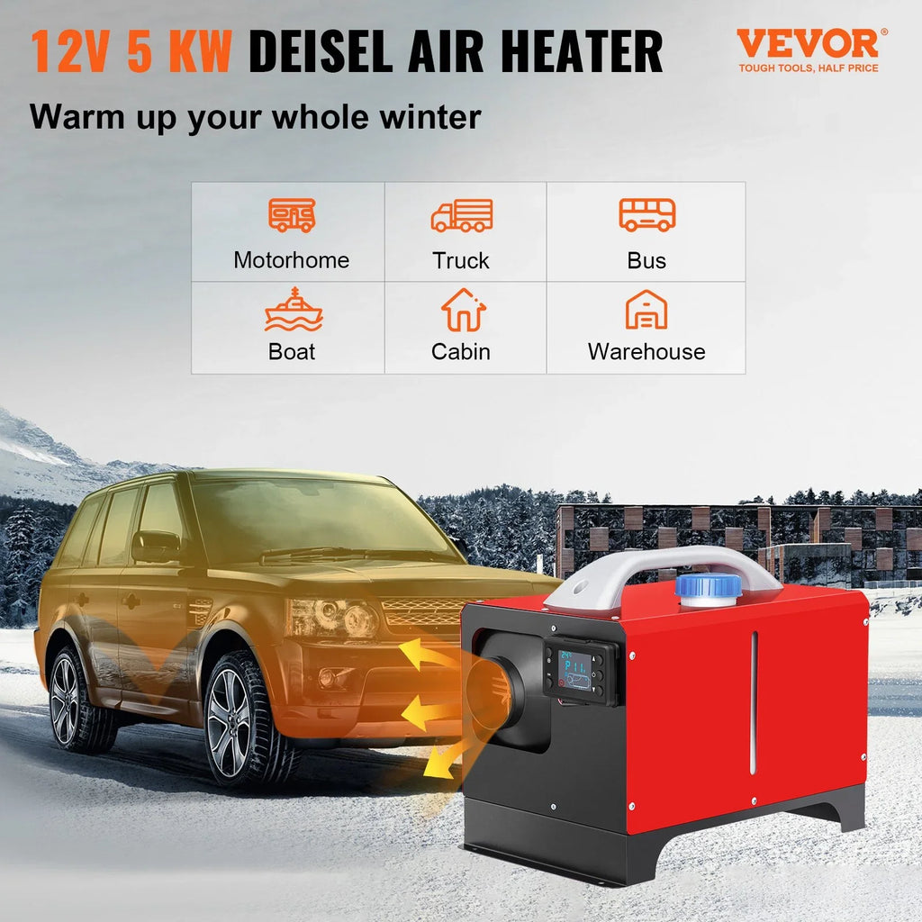 Mini Hole, Diesel Heater, Heater, Trailer, Heating Motorhomes 5KW Bus, Single Truck Parking Heater, VEVOR Fast Black For Truck, Heater, LCD, Car Diesel Air Outlet 12V Control, Remote RV with Boat,