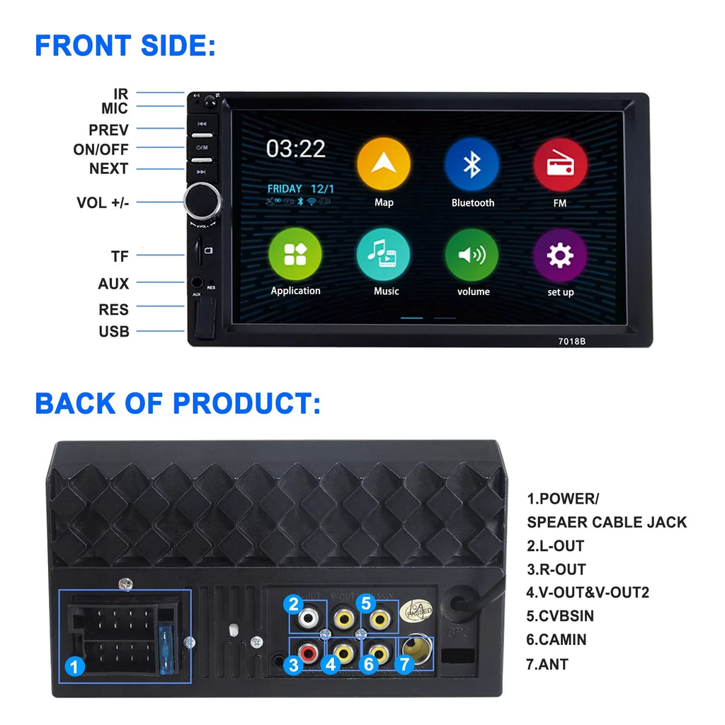 Din 2 Reversing MP5 HD Bluetooth Car Player Touch Double Camera with Player, Backup Inch Car Stereo 1080P Radio 7 Screen Video