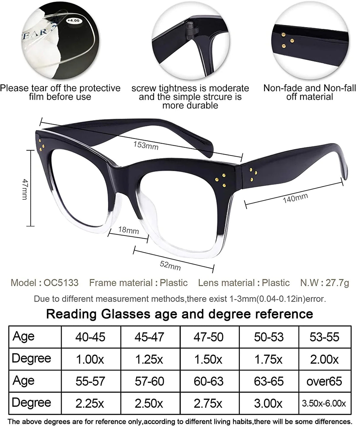 300 150 600 CHIARI Glasses Filter Light 350 200 Reader 400 500 6.0) Magnification 0 (Black-Clear, OCCI for 100 Blue Reading Computer Women 250