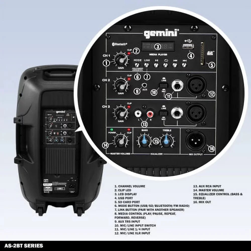 Gemini AS-2112BT Watts Bluetooth XLR Inch RCA Pro Speaker 1500 New 12" Active PA Sound System DJ