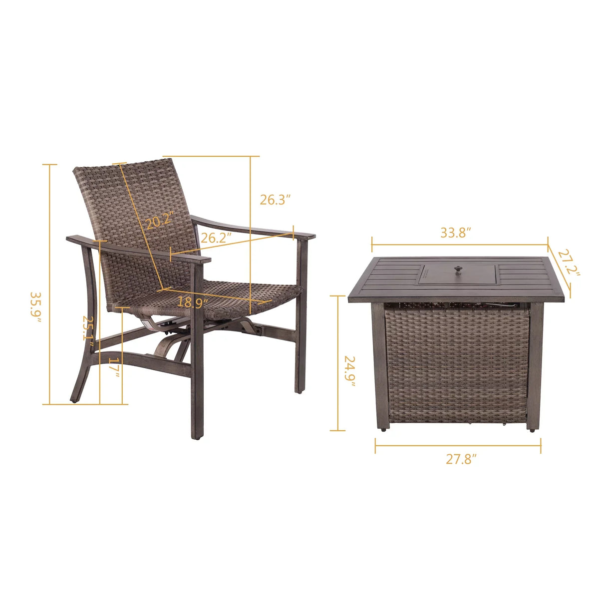 BTU Pit Chairs Table, All-Weather Wicker 5 Outdoor Motion Table, with & for Piece Rocking 4 Propane Gas Garden Set Furniture Fire Yard Deck Patio Firepit Set Conversation 33.8"x27.2" 15000