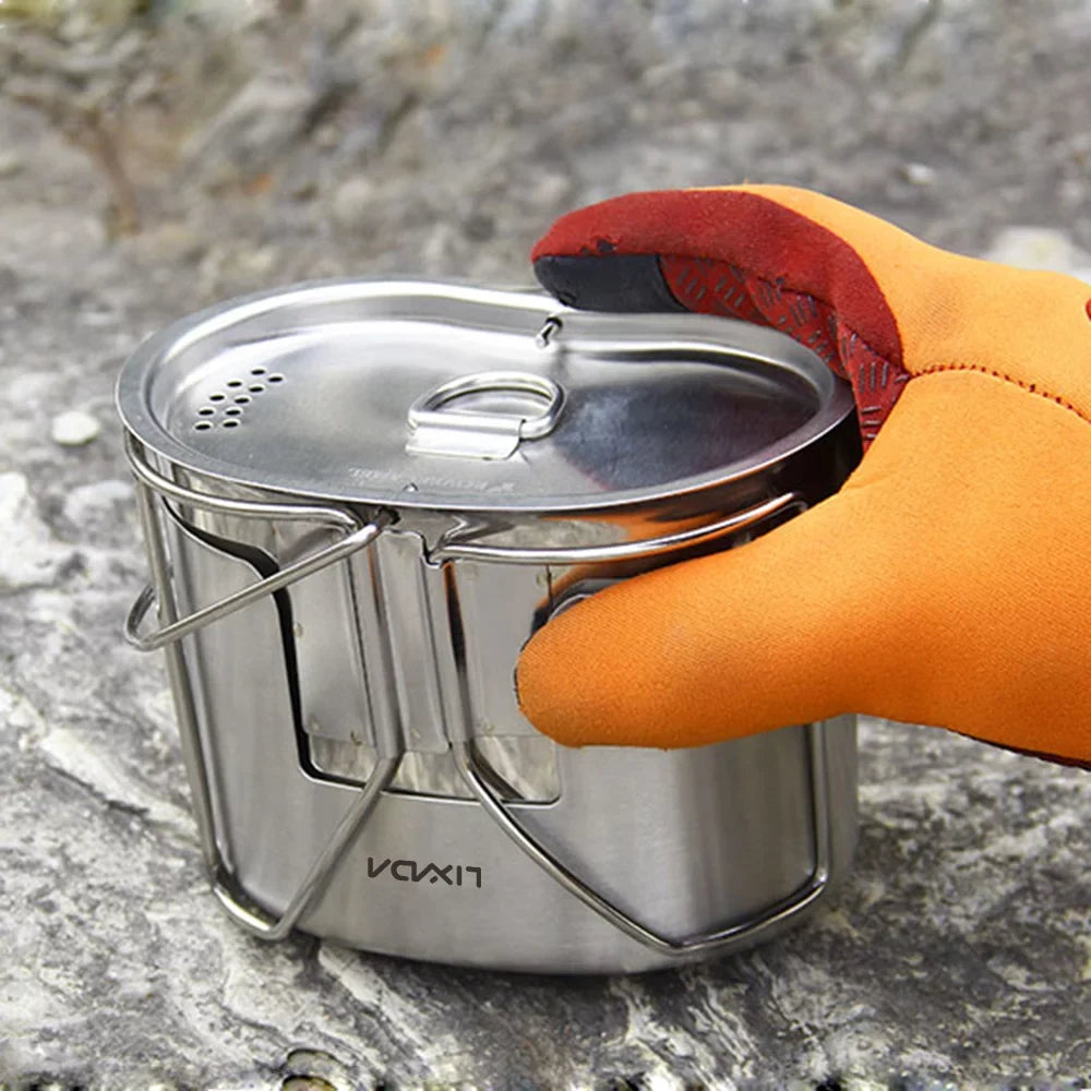 '- Set Steel Cup with Wood Pot and Camping for Stainless Survival Kitchenware Hanging Lixada Stove Canteen
