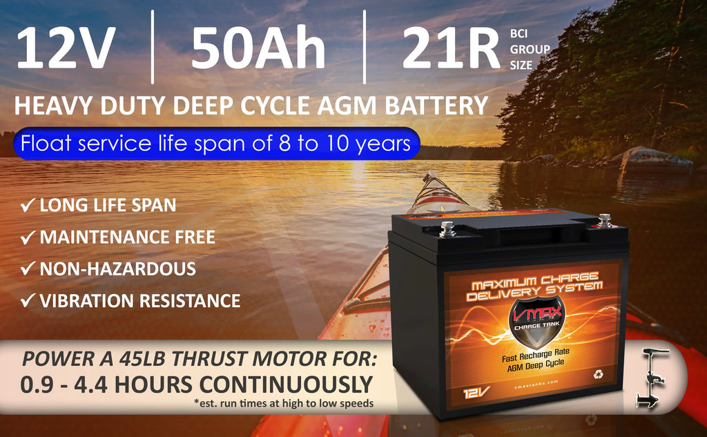 Vmaxtanks Outsunny Boat AGM 50lb Battery Trolling 12V Fishing MR86-50 for Thrust 50AH 12V Electric Motor