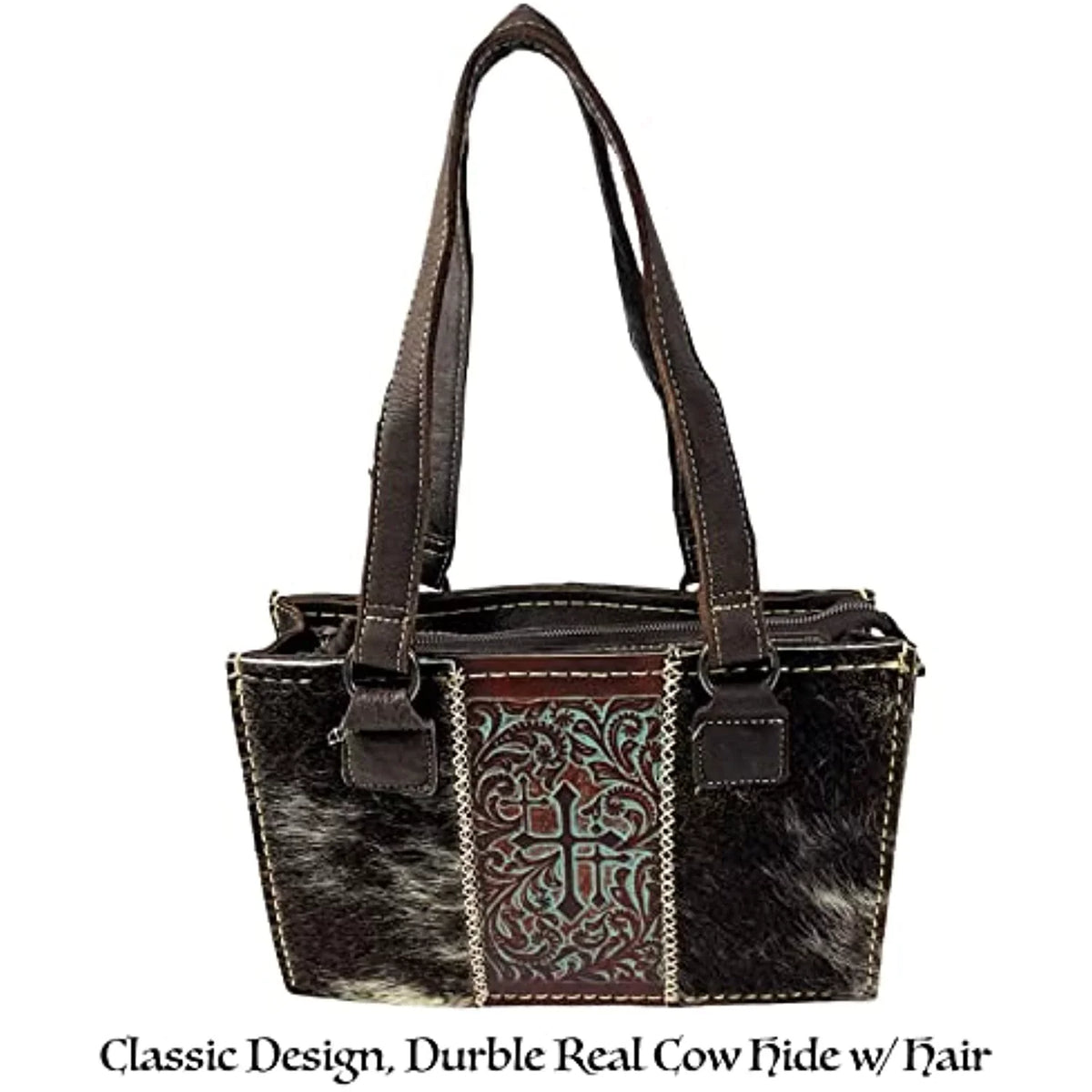 In Zipper Purses Brown) Western Tote Crosses Handbag the Western Genuine Leather Hand Dark Shoulder Urbalabs with Women Over CowHair (Dark Stitched Purse Brown Bag for Tooled