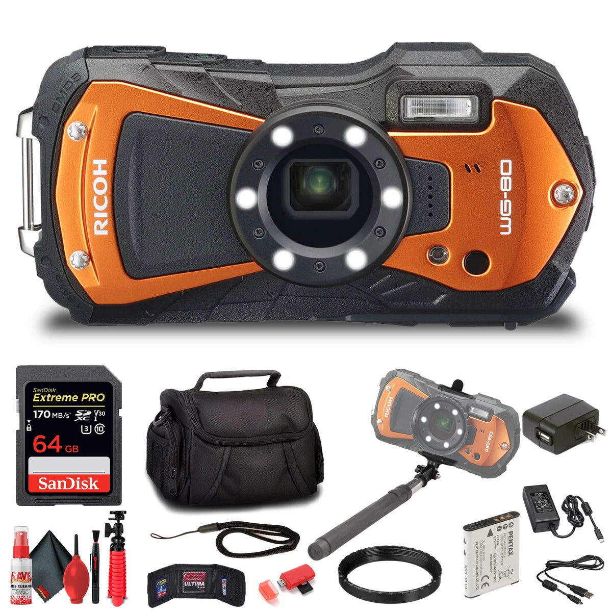 64GB Card + Pro with (Orange) Digital Cleaning Ricoh + Wallet SD Reader 6Ave Selfie Card Case Kit + Memory + Stick Small Memory Camera WG-80 Extreme Waterproof + Card