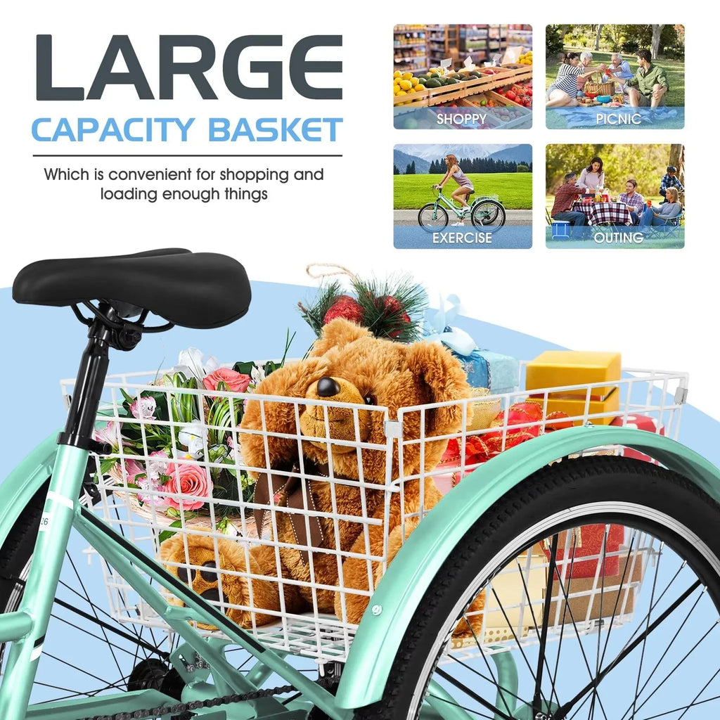 Tricycles, 3-Wheeled Shopping, and Heavy Bike Trikes Recreation w/Spacious Exercise, Rides, 24"/26"/27.5" MOPHOTO Adults 7-Speed Basket for Mountain Adventurous Duty