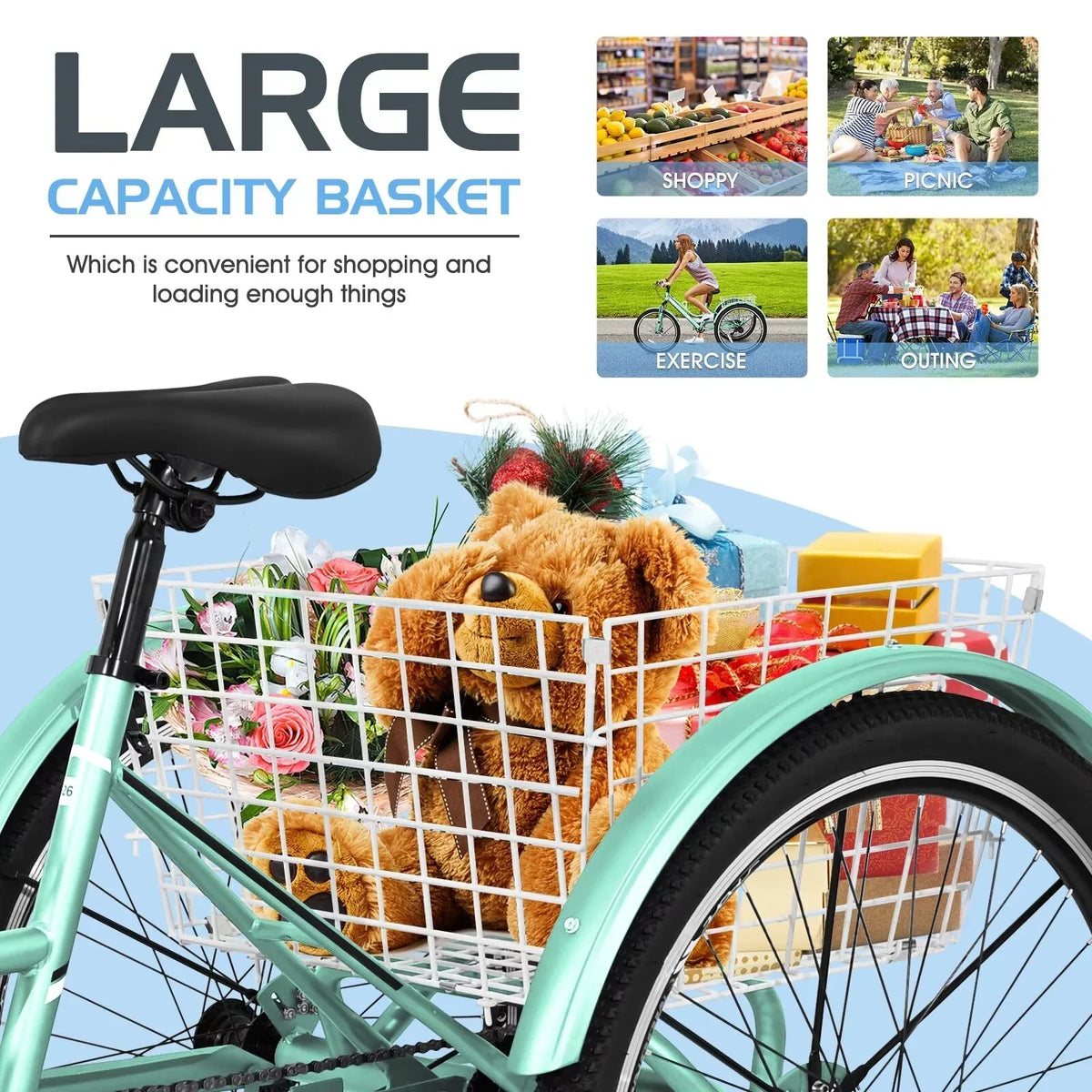 Tricycles, 3-Wheeled Shopping, and Heavy Bike Trikes Recreation w/Spacious Exercise, Rides, 24"/26"/27.5" MOPHOTO Adults 7-Speed Basket for Mountain Adventurous Duty