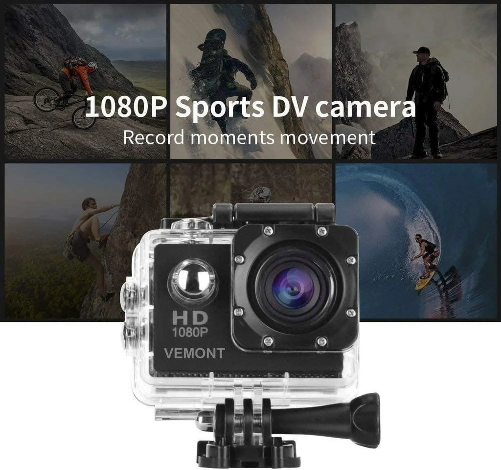 Cam Black Sports VEMONT Action Full Camera, Waterproof Wide-Angle HD surf Inch Mounting Accessories 1080P Kit Camera and 12MP Lens Camera 2.0 30m/98ft with Action Underwater Snorkel