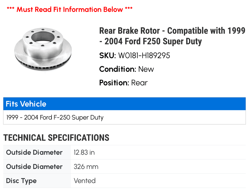 '- 2004 Ford 1999 - Rear Super with 2000 F250 2001 Duty Brake Rotor 2003 2002 Compatible