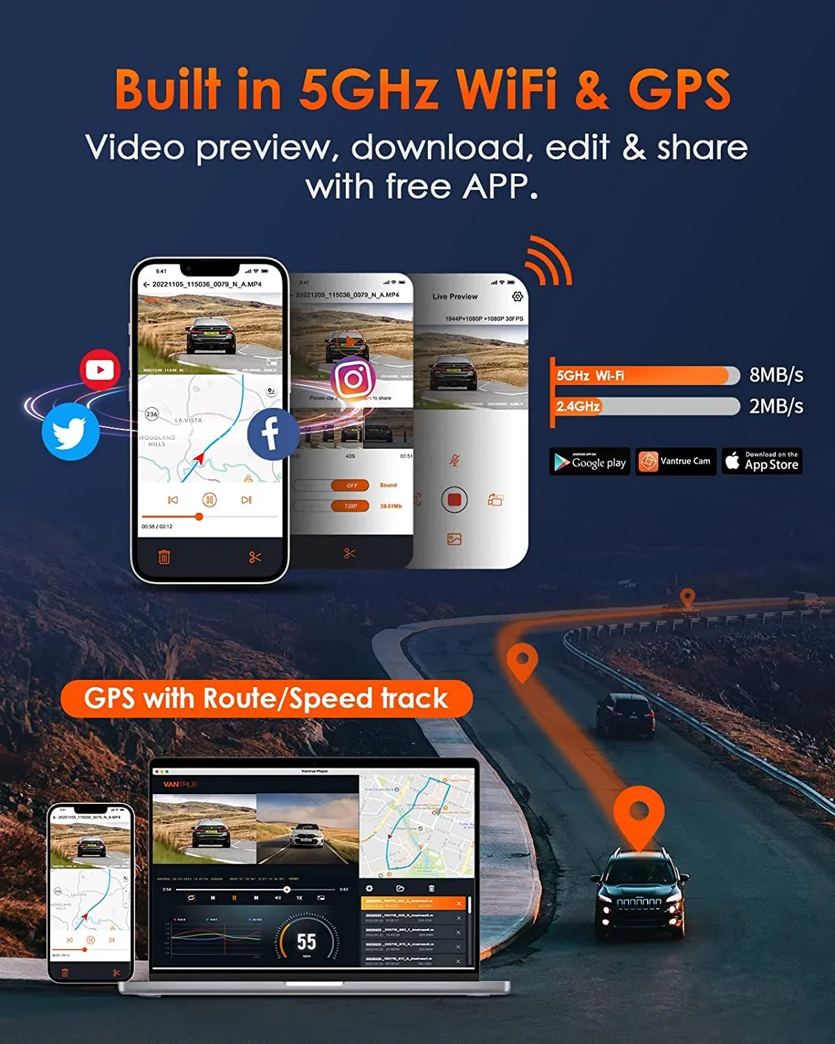 Control, STARVIS Parking Hours Inside, E3 with Rear Way GPS 24 Support WiFi 2.5K Dash Night Camera Vantrue Triple Dash 1944P+1080P+1080P 512GB Voice and 3 Max Vision, Cam Mode, Channel 3 IR Front
