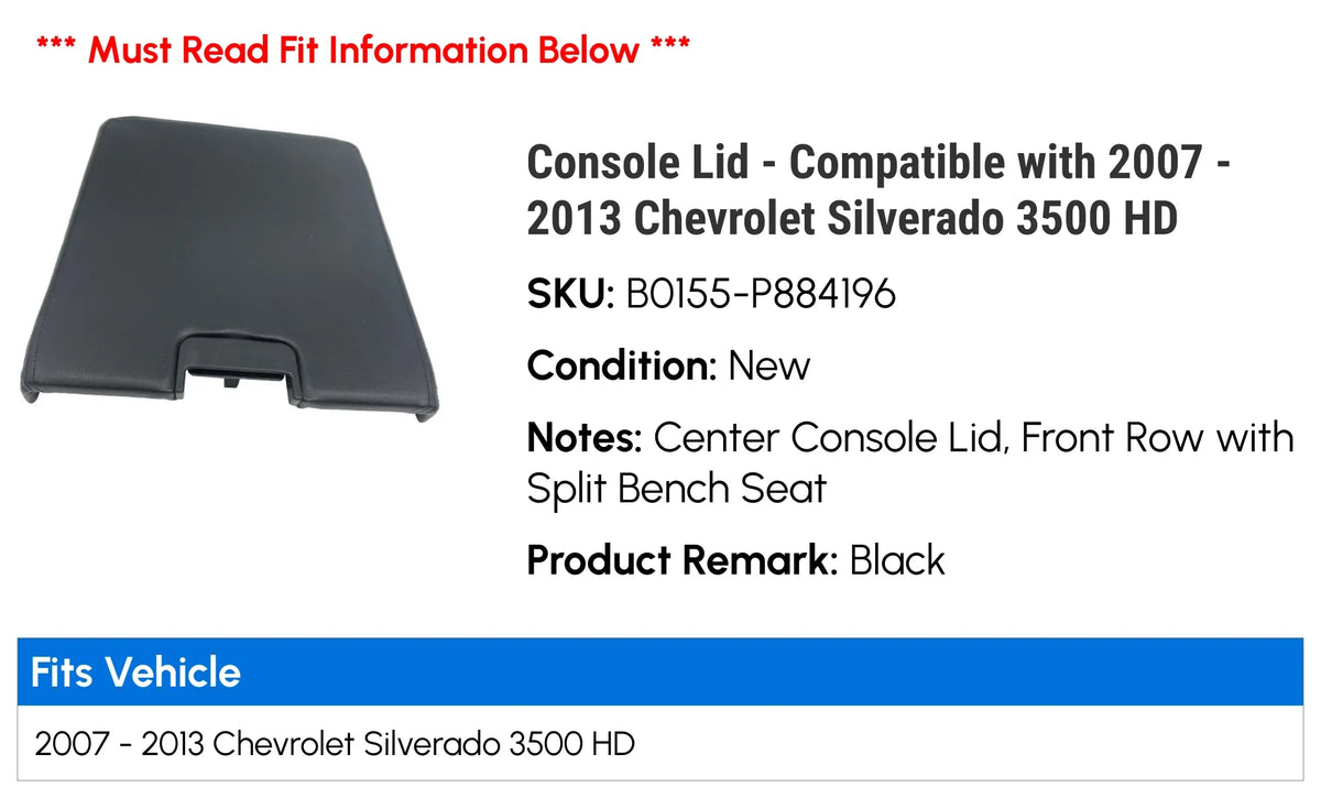 Console Compatible 2011 - 2008 - HD 3500 Chevy 2007 2009 2013 with 2010 Silverado 2012 Lid