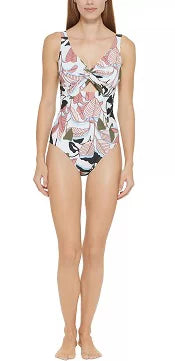 US Swimsuit, 10 MULTI Twist-Front Cutout DKNY WHITE One-Piece