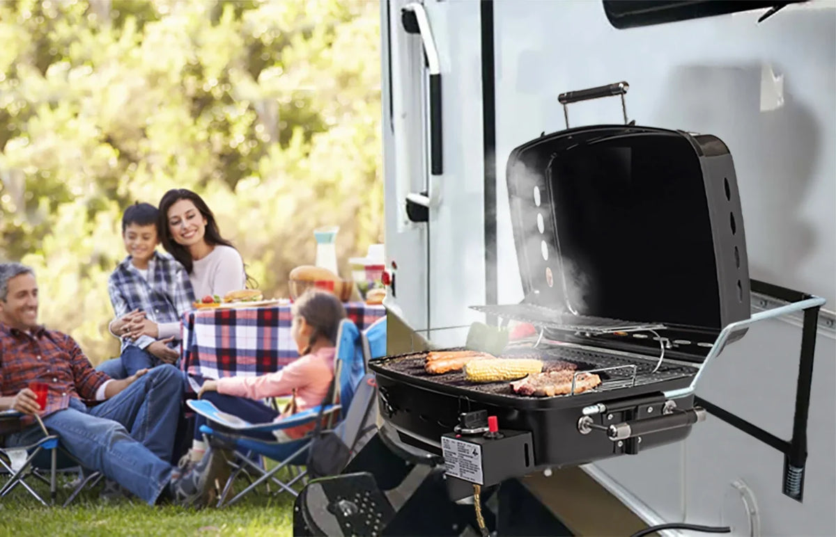 Motorhome Flame RV/Trailer King System, Bracket with Mounted Gas BBQ Grill YSNHT400 Grill Black,