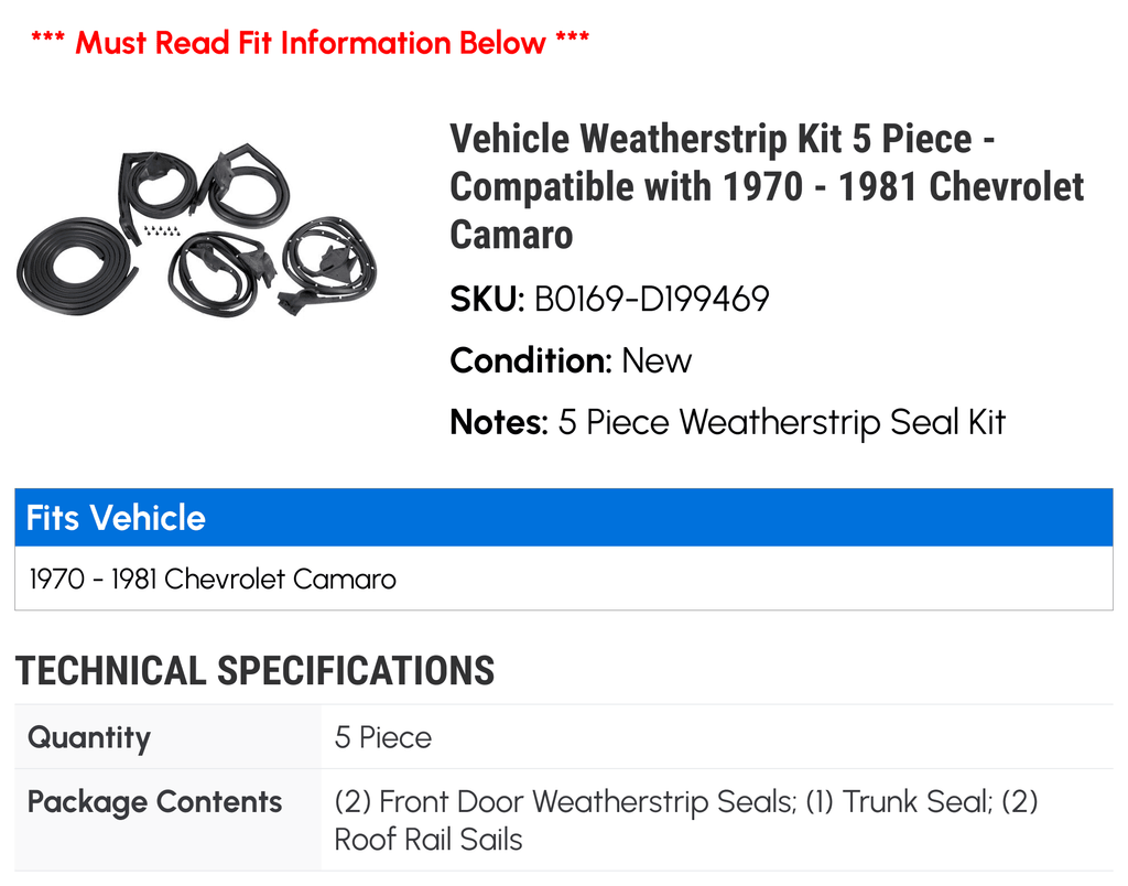 Camaro - 1978 1979 1970 1980 1972 1975 5 Vehicle 1977 1981 Weatherstrip 1974 Chevy - 1971 with 1976 Kit Piece Compatible 1973