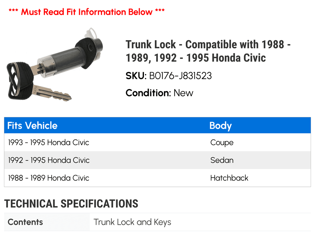 Civic with 1988 1995 1994 - Trunk 1989, - 1993 - Compatible Lock 1992 Honda