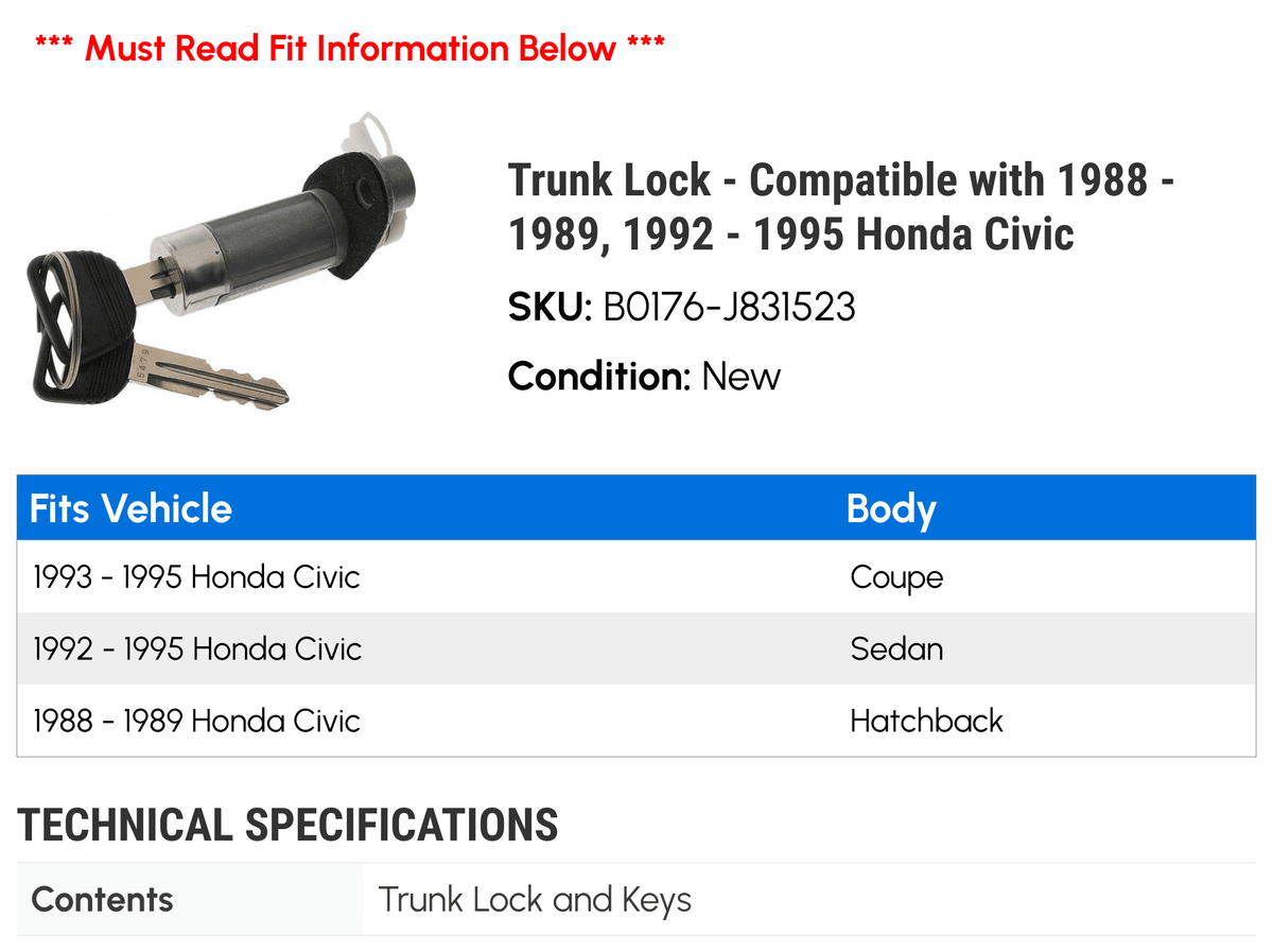 Civic with 1988 1995 1994 - Trunk 1989, - 1993 - Compatible Lock 1992 Honda