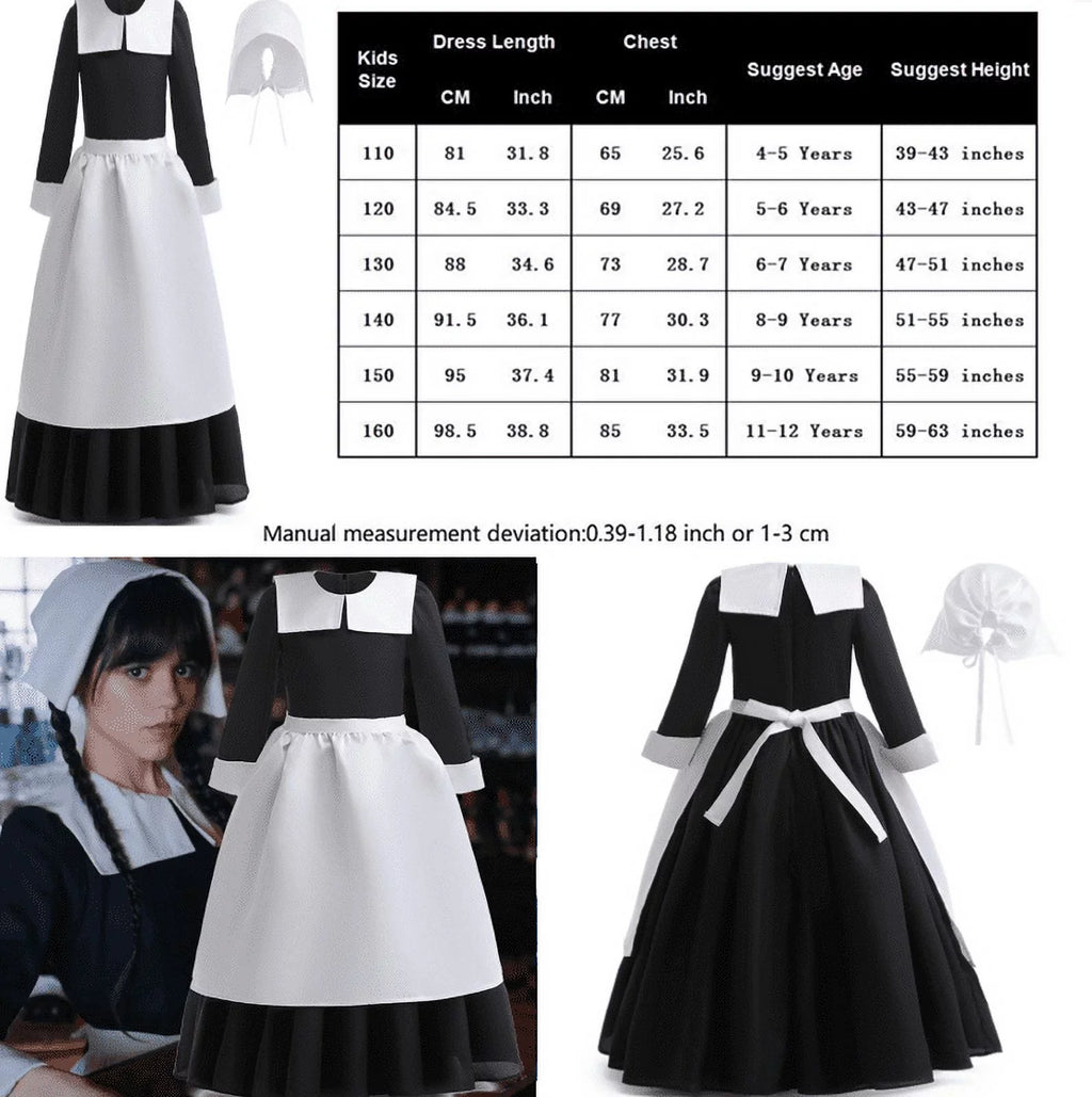Cosplay Outfit Girls Dress Sleeve Wig TV Addams Long Skirt Clothes 2022 with Hkiytime Kids Dress Series Halloween Wednesday