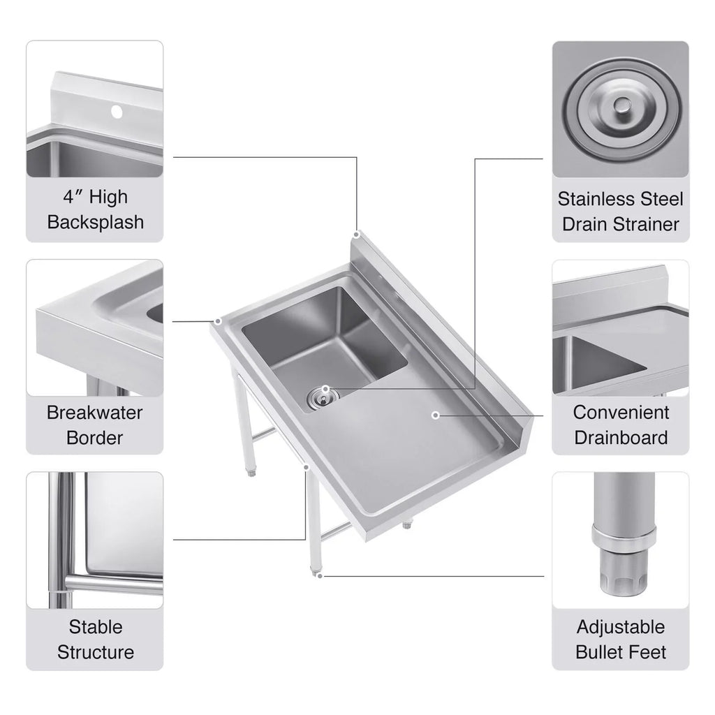 Steel Drainboard and Utility Stainless Commercial Use 23.6* Sink Kitchen 39.3* 36.7in for Sink Home