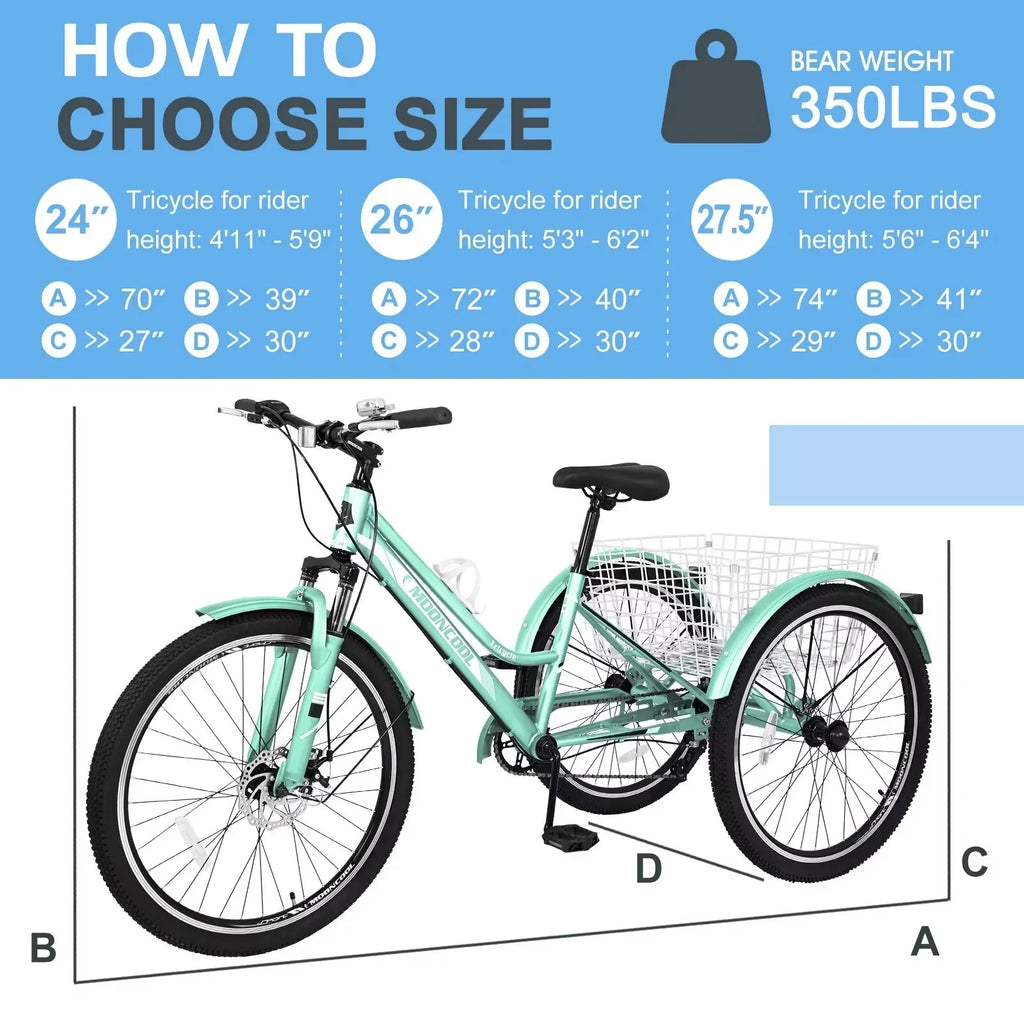 Tricycles, 3-Wheeled Shopping, and Heavy Bike Trikes Recreation w/Spacious Exercise, Rides, 24"/26"/27.5" MOPHOTO Adults 7-Speed Basket for Mountain Adventurous Duty