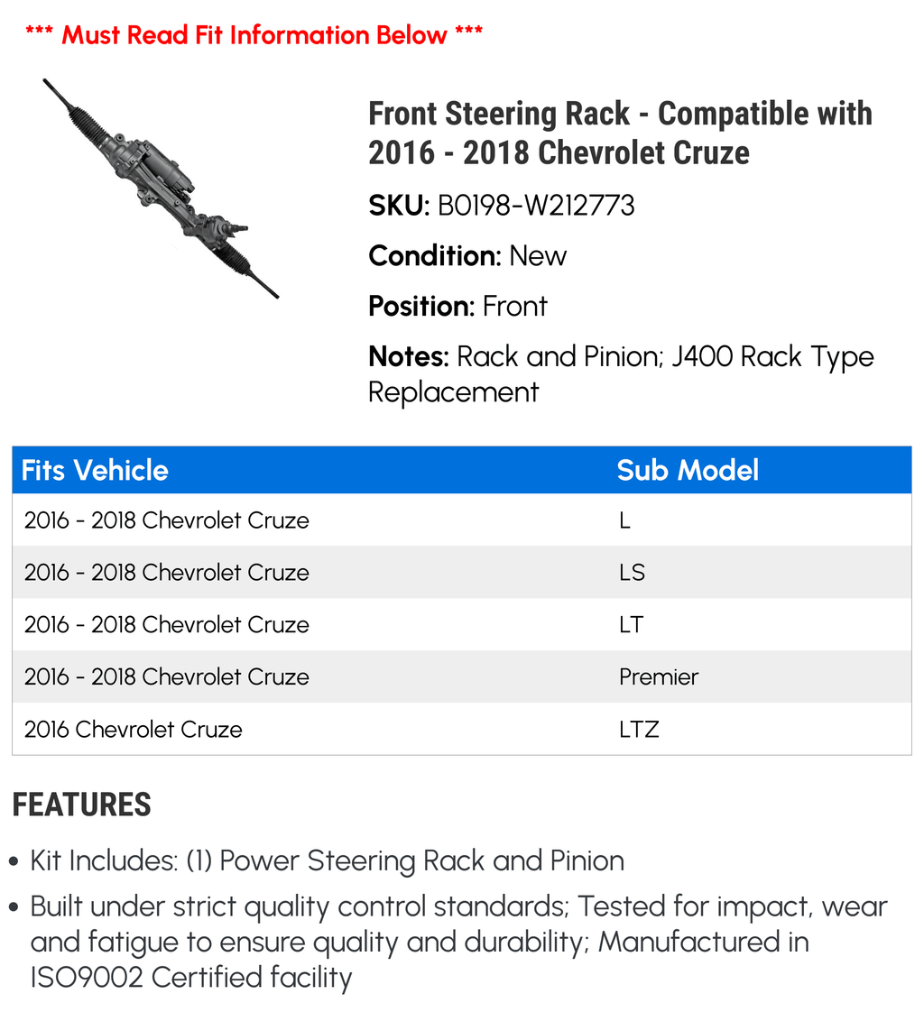 Compatible Steering - with Rack 2017 Cruze 2018 Front 2016 Chevy -
